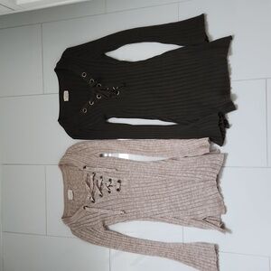 Ultra Flirt - Knit Long-Sleeve Tops w/ Criss Cross Straps, Set of 2, Size XS